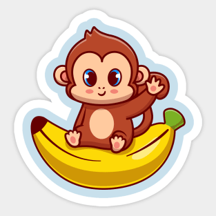 Cute Monkey Sitting On Banana Cartoon Sticker